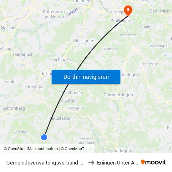 Gemeindeverwaltungsverband Meßstetten to Eningen Unter Achalm map