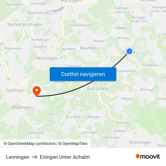 Lenningen to Eningen Unter Achalm map
