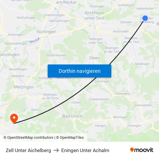Zell Unter Aichelberg to Eningen Unter Achalm map