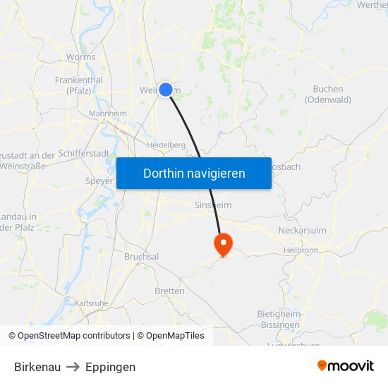 Birkenau to Eppingen map