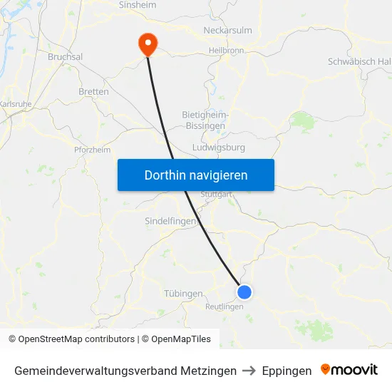 Gemeindeverwaltungsverband Metzingen to Eppingen map
