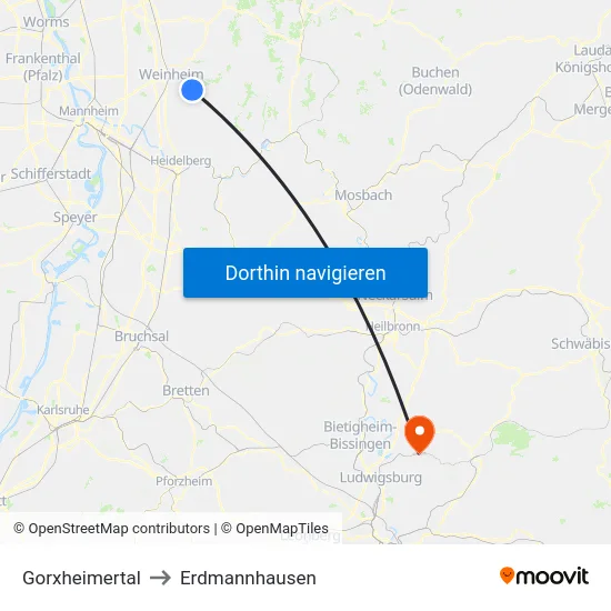 Gorxheimertal to Erdmannhausen map