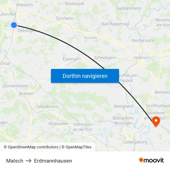 Malsch to Erdmannhausen map