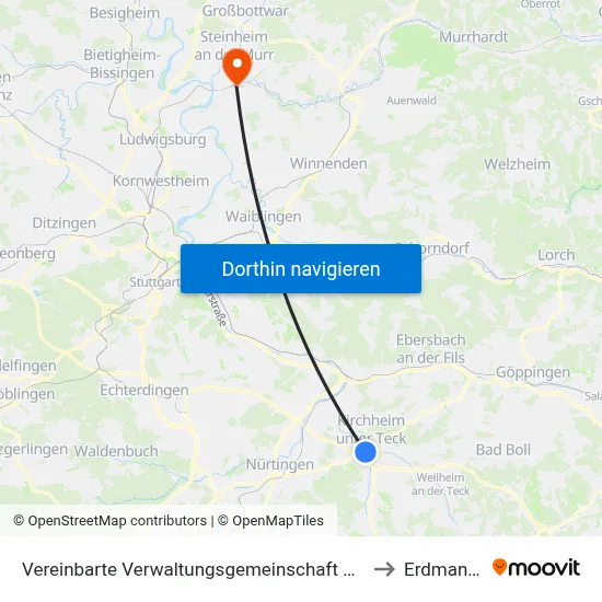 Vereinbarte Verwaltungsgemeinschaft Der Stadt Kirchheim Unter Teck to Erdmannhausen map