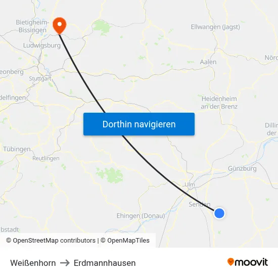 Weißenhorn to Erdmannhausen map