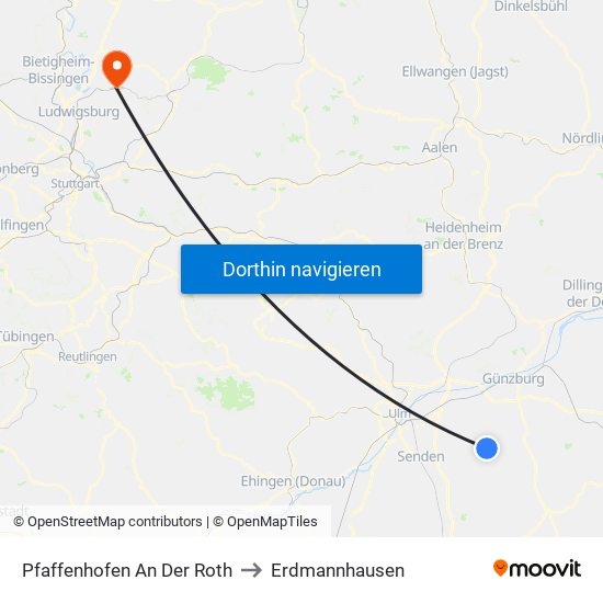 Pfaffenhofen An Der Roth to Erdmannhausen map