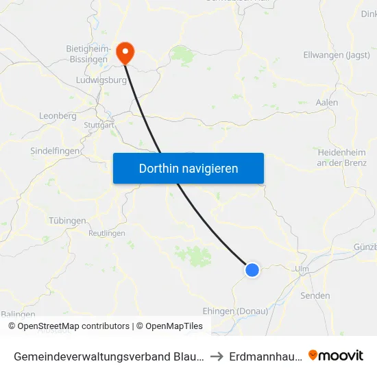 Gemeindeverwaltungsverband Blaubeuren to Erdmannhausen map