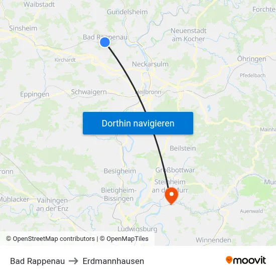 Bad Rappenau to Erdmannhausen map