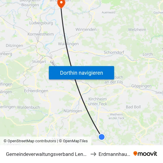 Gemeindeverwaltungsverband Lenningen to Erdmannhausen map