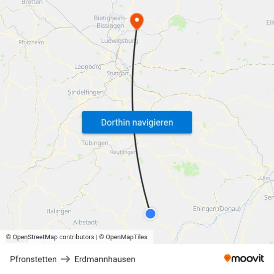 Pfronstetten to Erdmannhausen map