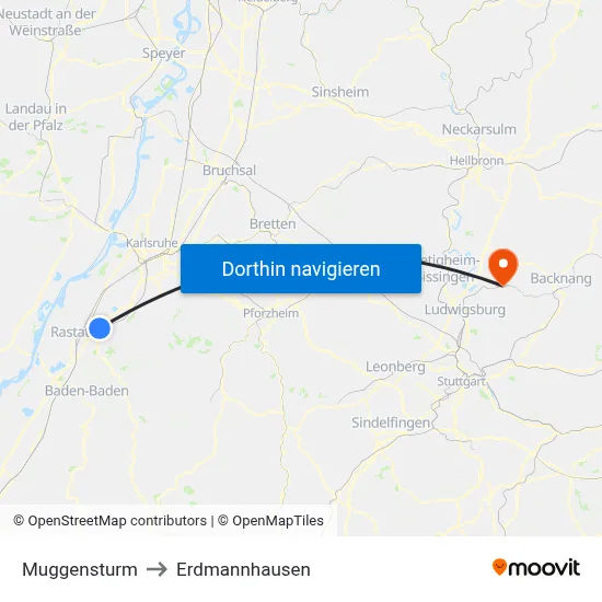 Muggensturm to Erdmannhausen map