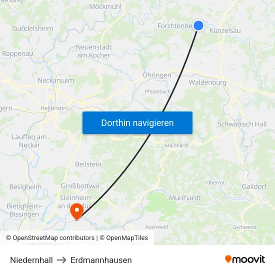 Niedernhall to Erdmannhausen map