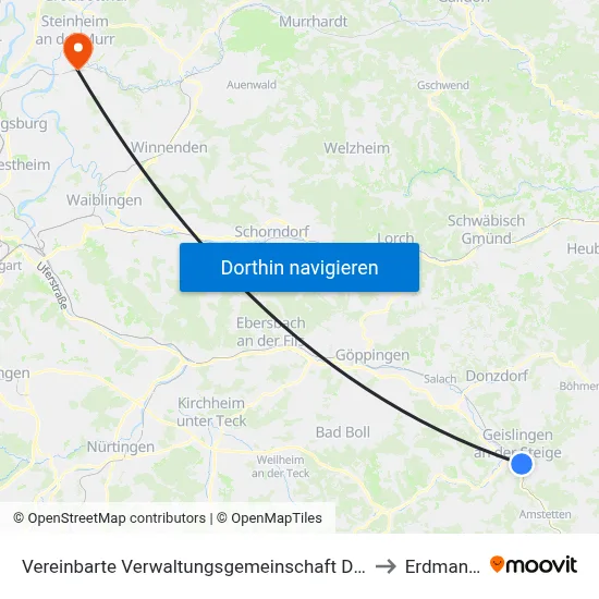 Vereinbarte Verwaltungsgemeinschaft Der Stadt Geislingen An Der Steige to Erdmannhausen map
