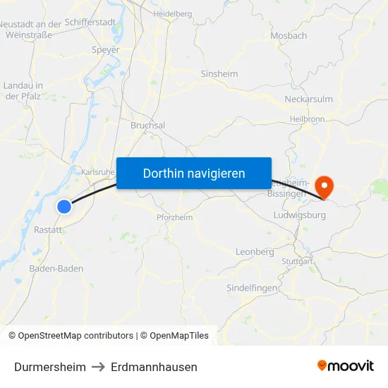 Durmersheim to Erdmannhausen map