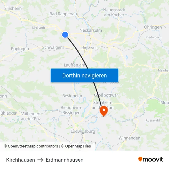 Kirchhausen to Erdmannhausen map