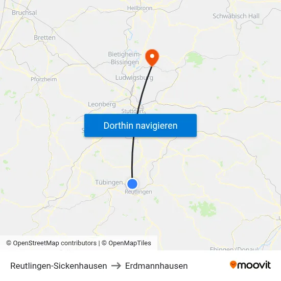 Reutlingen-Sickenhausen to Erdmannhausen map