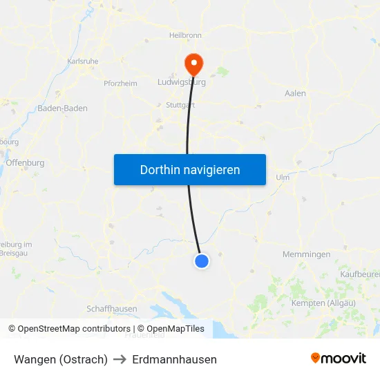 Wangen (Ostrach) to Erdmannhausen map