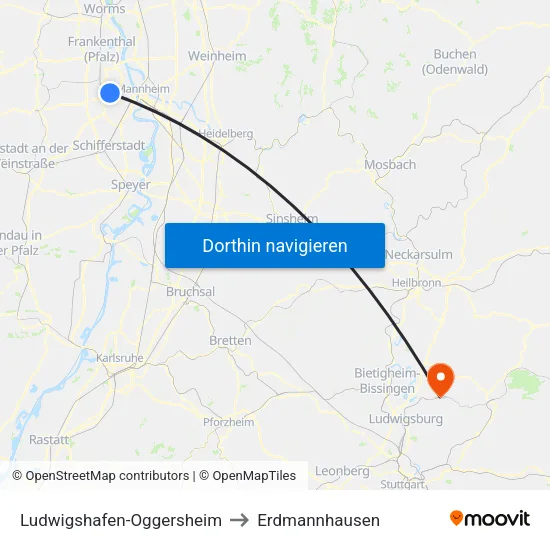 Ludwigshafen-Oggersheim to Erdmannhausen map