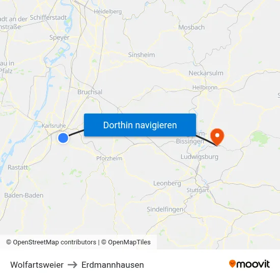 Wolfartsweier to Erdmannhausen map