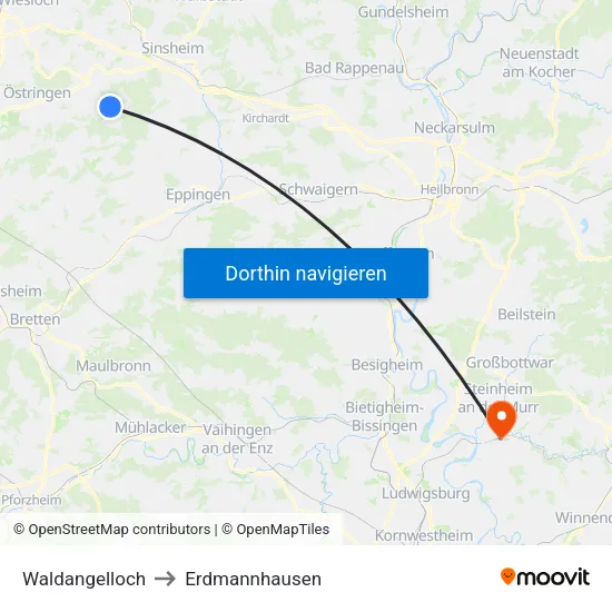 Waldangelloch to Erdmannhausen map