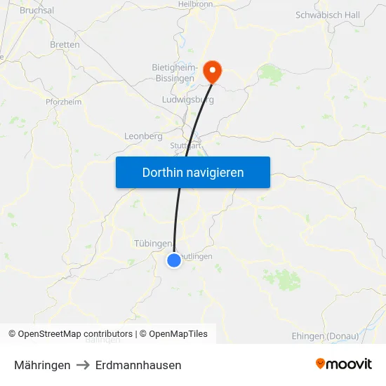 Mähringen to Erdmannhausen map
