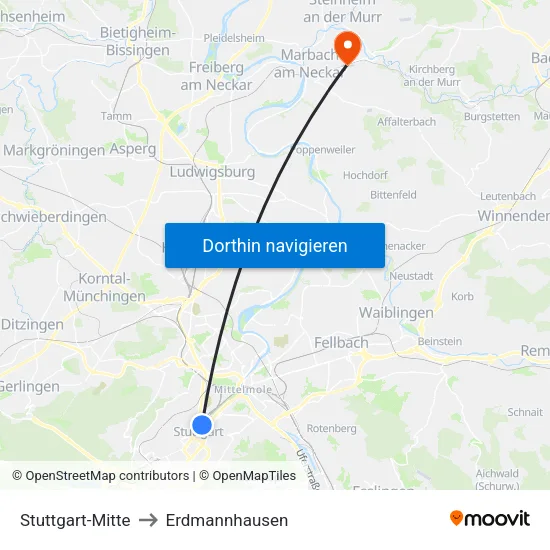 Stuttgart-Mitte to Erdmannhausen map
