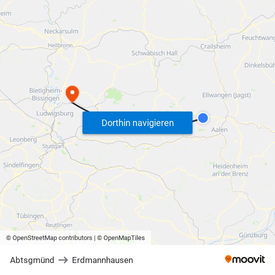 Abtsgmünd to Erdmannhausen map