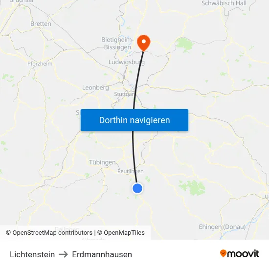 Lichtenstein to Erdmannhausen map