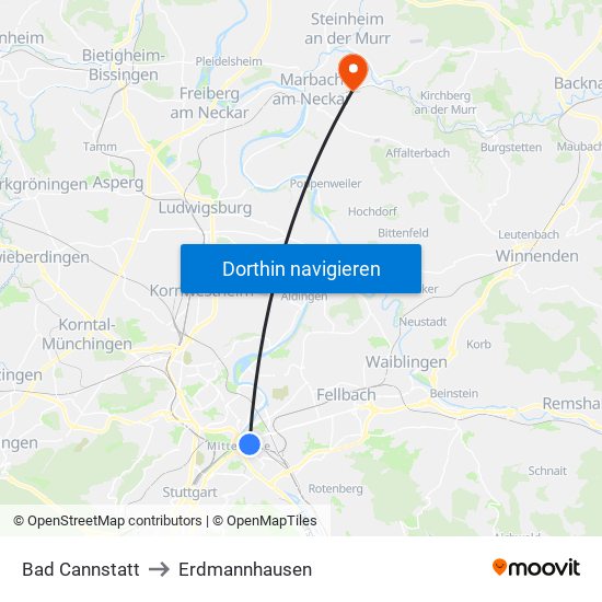 Bad Cannstatt to Erdmannhausen map