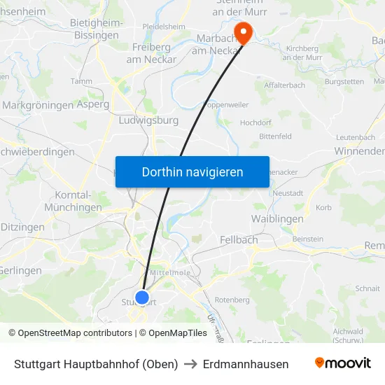 Stuttgart Hauptbahnhof (Oben) to Erdmannhausen map