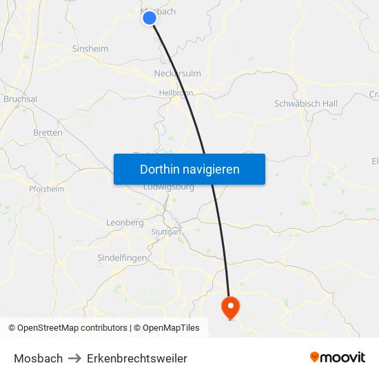 Mosbach to Erkenbrechtsweiler map