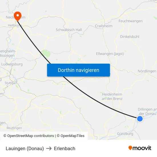Lauingen (Donau) to Erlenbach map