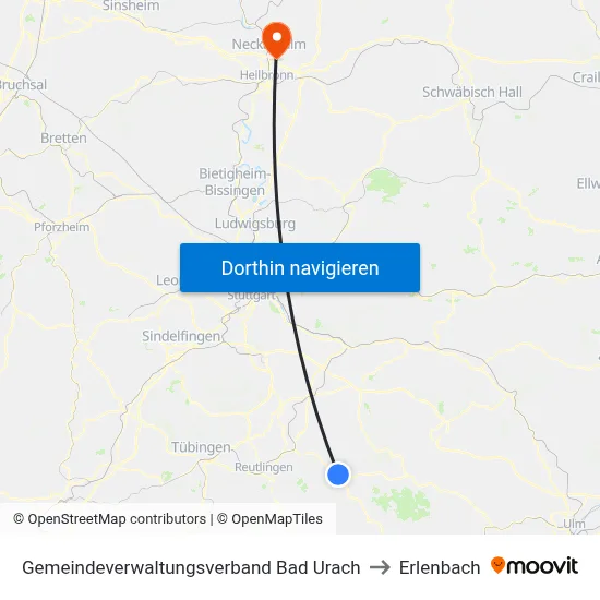 Gemeindeverwaltungsverband Bad Urach to Erlenbach map