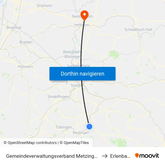 Gemeindeverwaltungsverband Metzingen to Erlenbach map