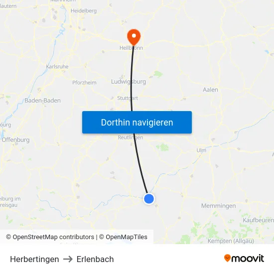 Herbertingen to Erlenbach map
