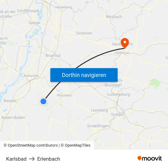 Karlsbad to Erlenbach map