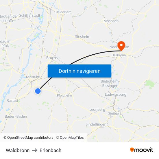 Waldbronn to Erlenbach map
