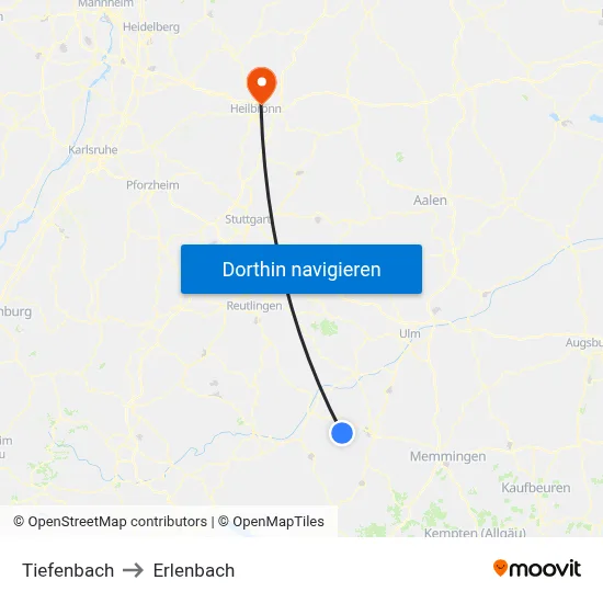 Tiefenbach to Erlenbach map