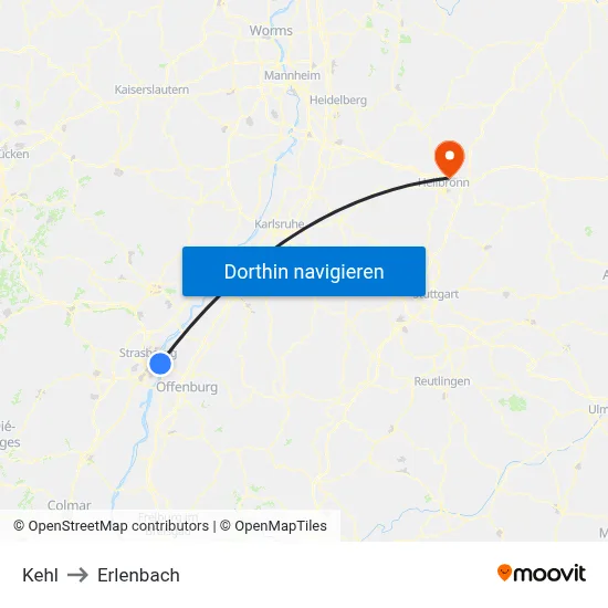 Kehl to Erlenbach map