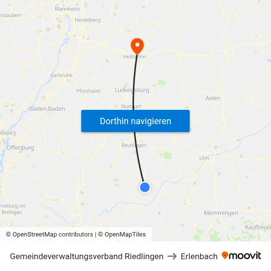 Gemeindeverwaltungsverband Riedlingen to Erlenbach map
