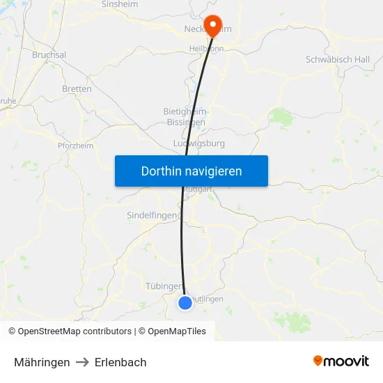 Mähringen to Erlenbach map