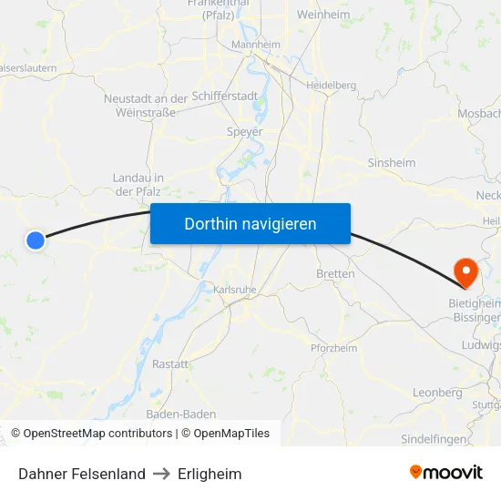 Dahner Felsenland to Erligheim map