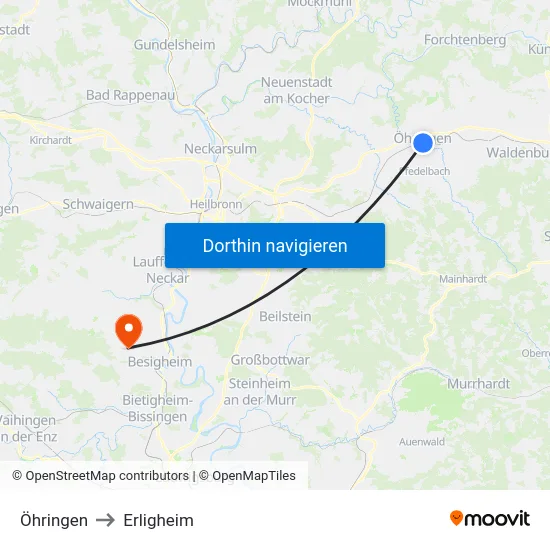 Öhringen to Erligheim map