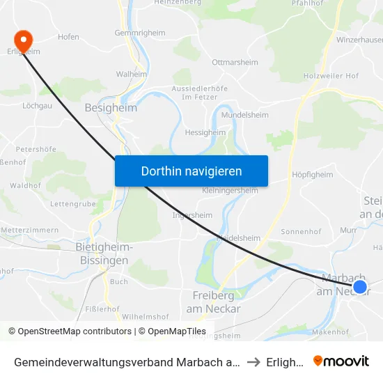 Gemeindeverwaltungsverband Marbach am Neckar to Erligheim map