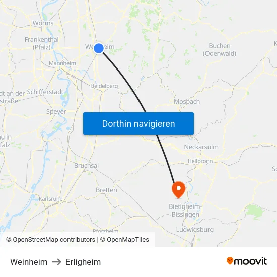 Weinheim to Erligheim map