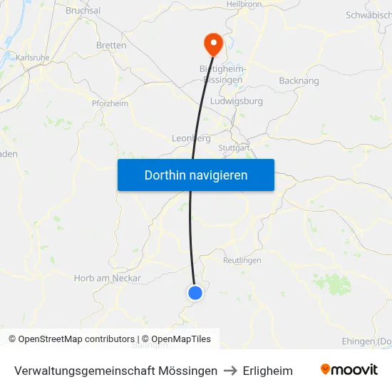 Verwaltungsgemeinschaft Mössingen to Erligheim map