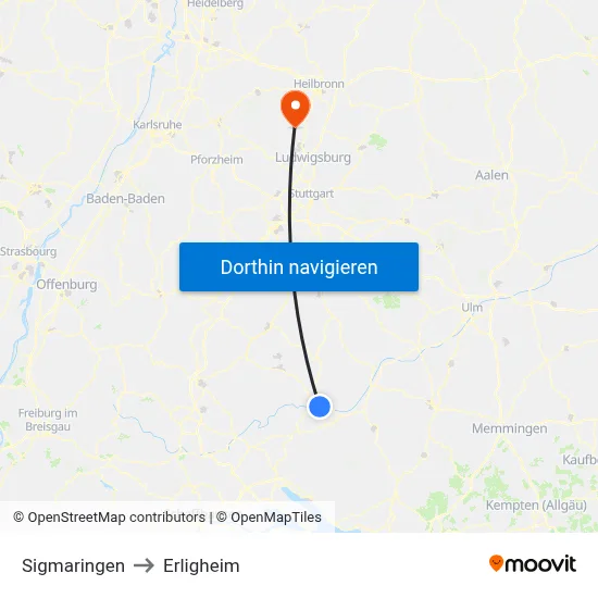 Sigmaringen to Erligheim map