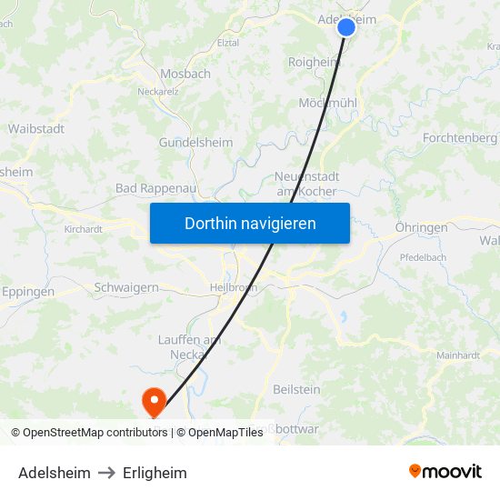 Adelsheim to Erligheim map