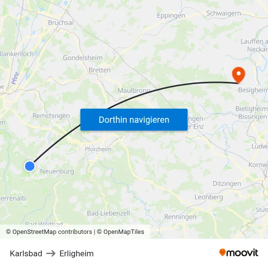 Karlsbad to Erligheim map