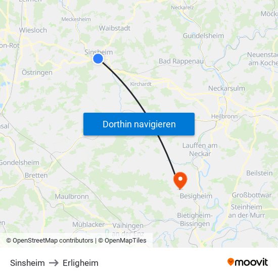 Sinsheim to Erligheim map